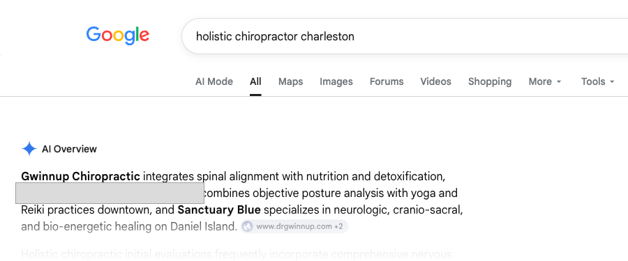A Google AI Overview naming her practice, business name blurred, for a holistic chiropractor Charleston search