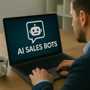 Man interacting with laptop showing chatbot icon labeled "AI Sales Bots".
