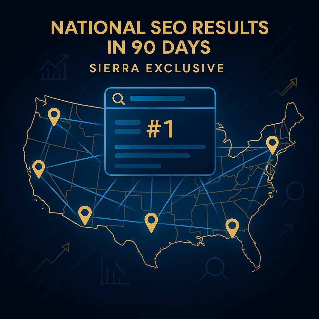 Illustration of the U.S. map with location pins and a search result marked #1, promoting Sierra Exclusive’s promise of national SEO results in 90 days.
