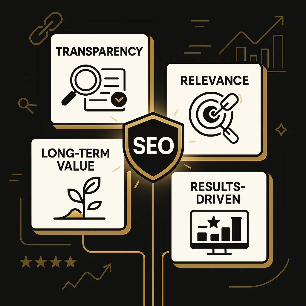 Illustration of four interconnected SEO pillars—Transparency, Relevance, Long-Term Value, and Results-Driven—linked by golden lines to a central SEO shield.