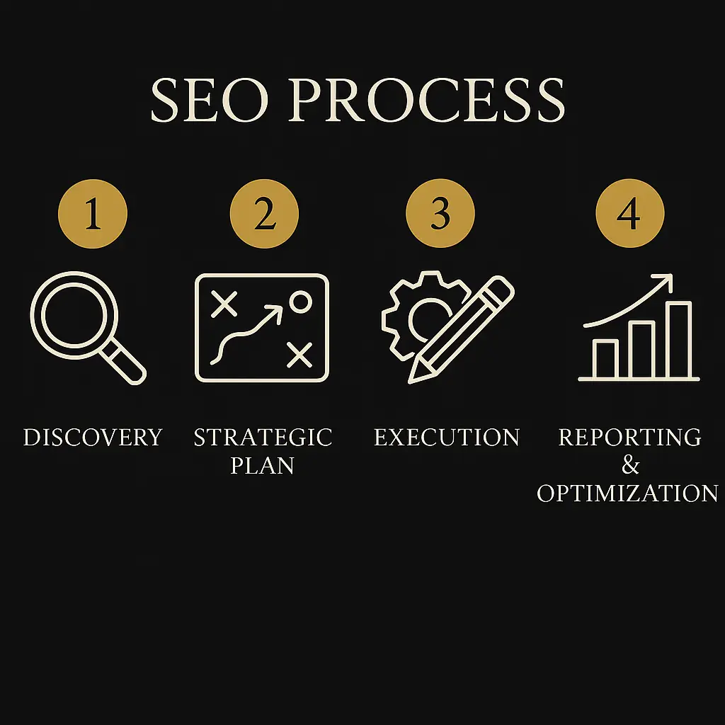 Four-step SEO process including discovery, strategic plan, execution, and reporting with minimalist icons on white background.