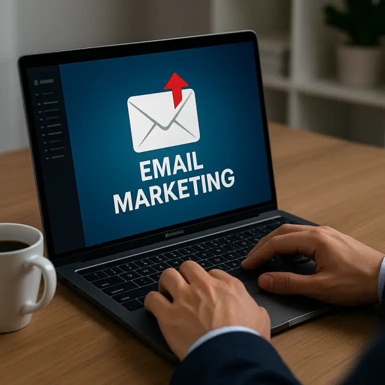 Hands typing on a laptop displaying an "Email Marketing" screen with envelope icon.