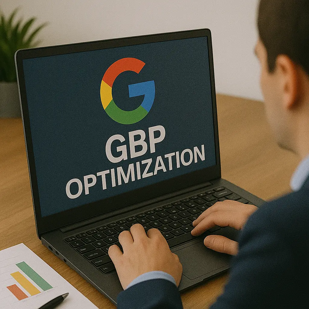 Google Business Profile optimization shown on laptop with Google logo.