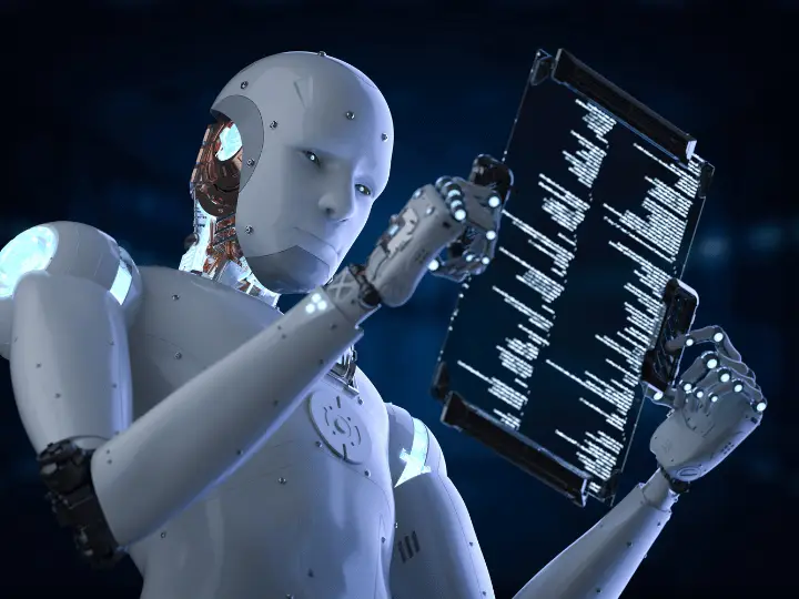 AI robot searching through a clear screen display