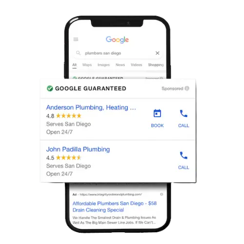 Google search on a smartphone showing Local Services Ads for plumbers in San Diego, including ratings and "Google Guaranteed" labels.