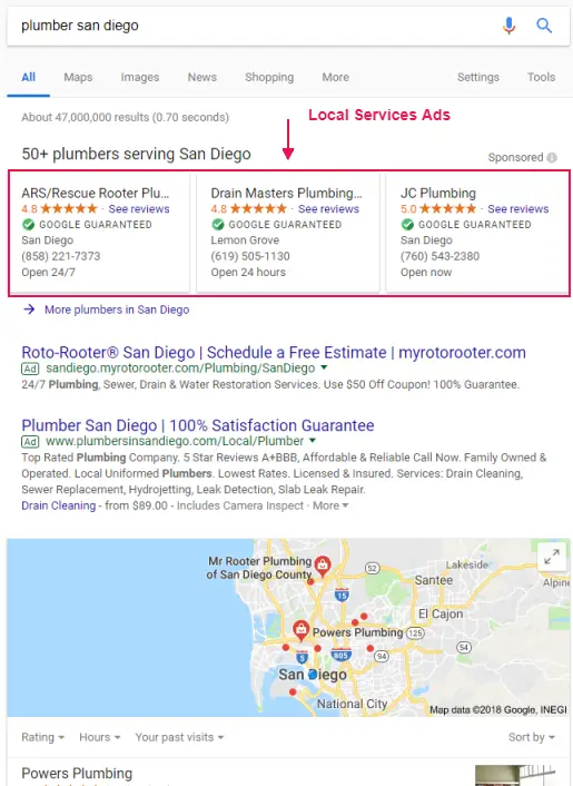 Google desktop search results showing top-of-page Local Services Ads for plumbers in San Diego with Google Guaranteed badges.