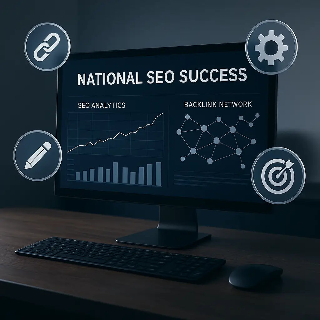 Computer monitor displaying National SEO analytics and backlink network diagrams with floating icons representing backlinks, technical SEO, content updates, and keyword research.