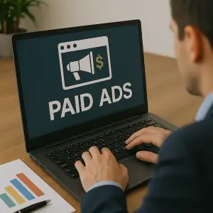 Laptop screen with paid ads icon and a chart next to the user’s hand.