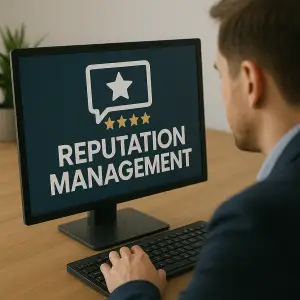 Computer screen showing "Reputation Management" with a review star graphic.