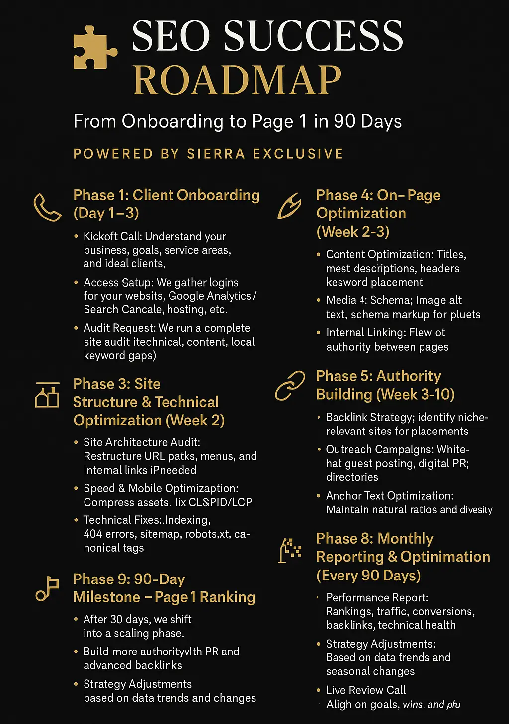 SEO Success Roadmap” showing a 9-phase plan with icons and gold text on a dark background, including a bonus scaling path for post-90-day growth.