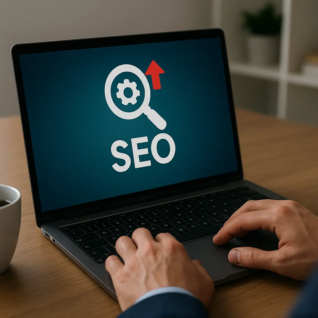 Laptop screen showing SEO icon and red upward arrow with hands on keyboard.