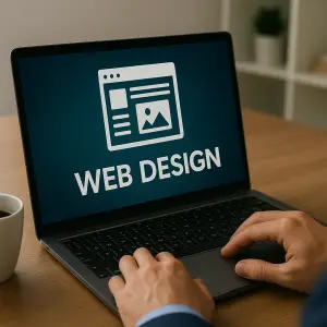 Close-up of a laptop screen showing a website layout under "Web Design".