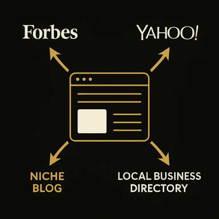 Webpage graphic connected to Forbes, Yahoo!, Niche Blog, and Local Business Directory icons indicating backlink sources.