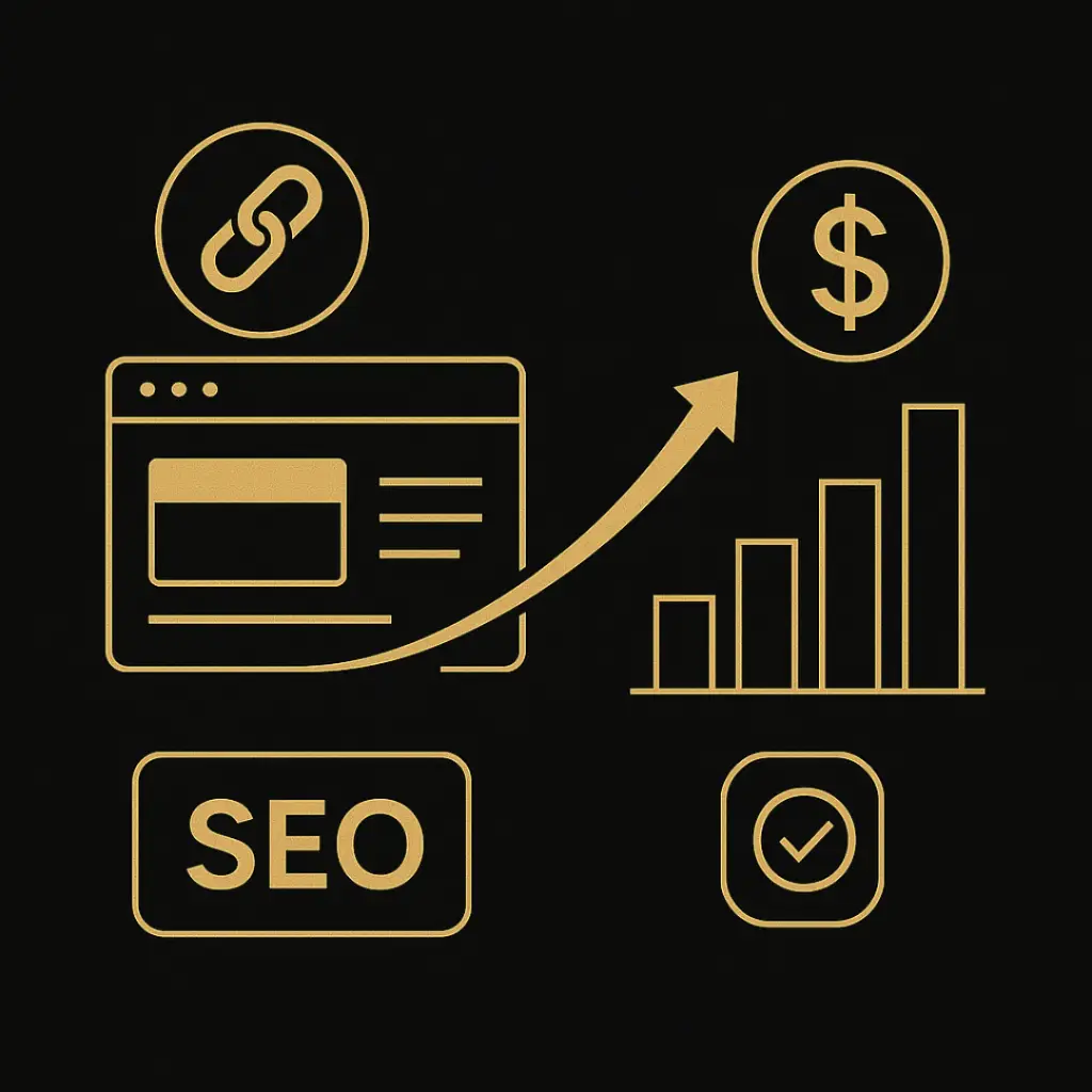 Simple gold icons showing backlinks, website, SEO label, bar chart growth, dollar sign, and a checkmark.