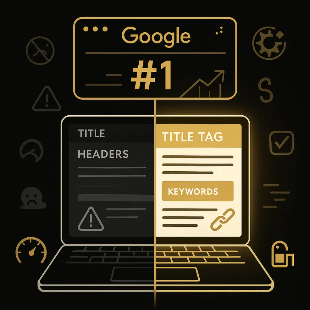 SEO wireframe with highlighted on-page SEO elements like title tags and internal links.