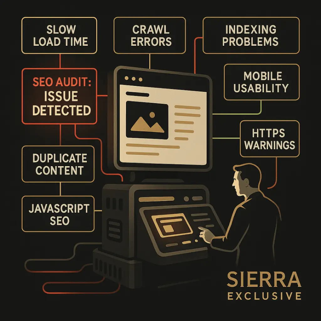 Website backend dashboard with technical SEO diagnostics including site speed, structured data, crawl status, and an indexing issue alert.