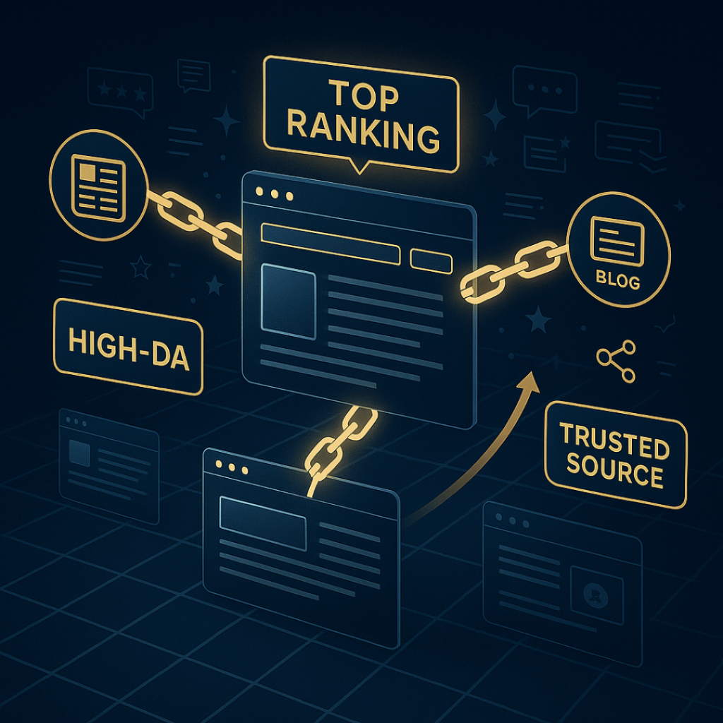 a web page connected to high-DA blogs and trusted sources, pointing to top search ranking