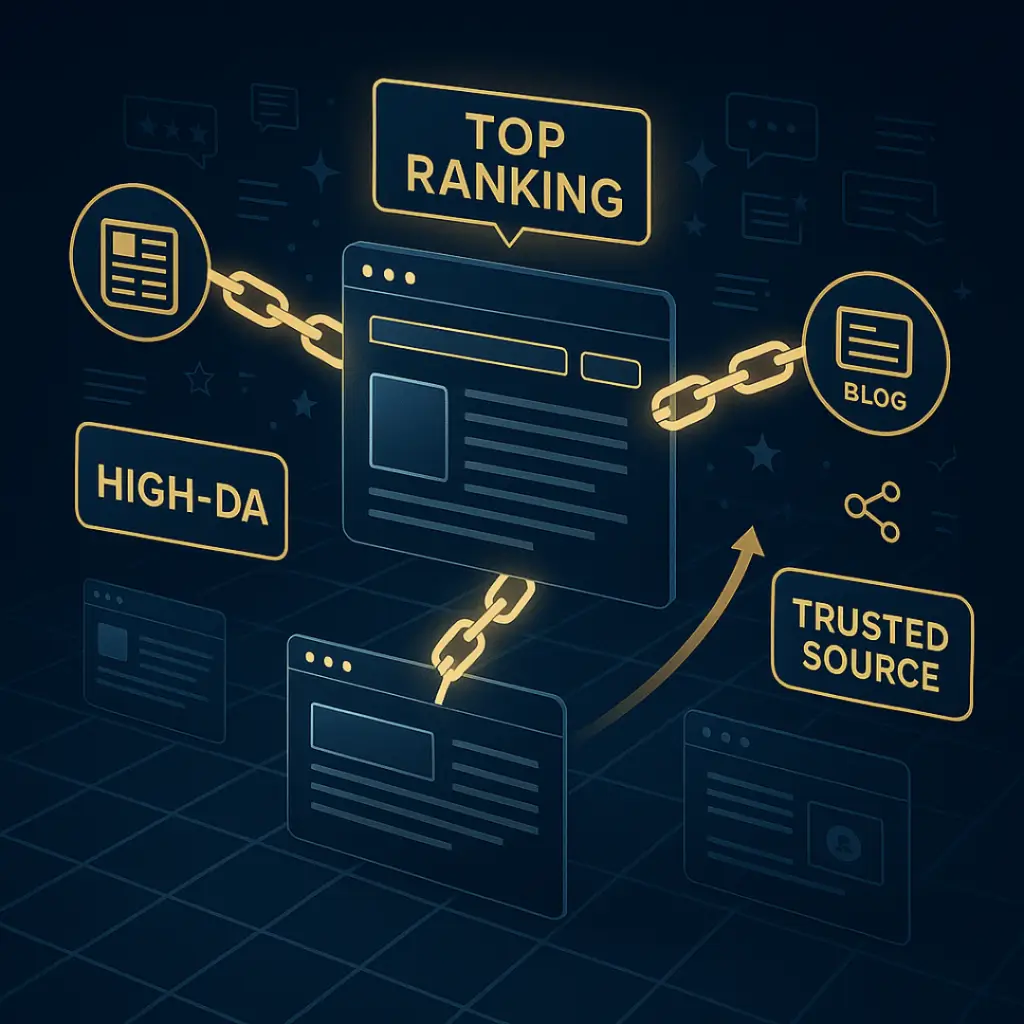 a web page connected to high-DA blogs and trusted sources, pointing to top search ranking