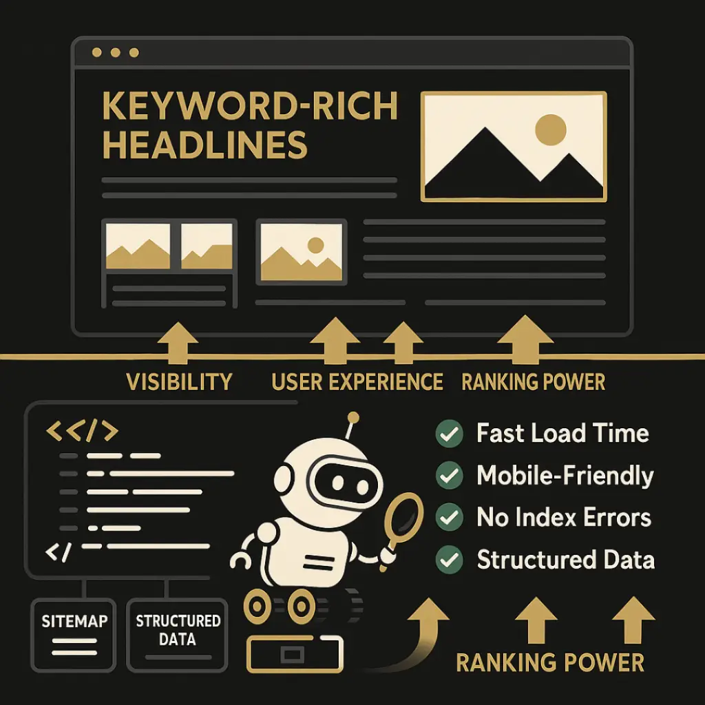 3D-style technical SEO diagram with a search engine bot, HTML code, SSL badge, sitemap, mobile devices, and a speed gauge showing crawlability and indexability.