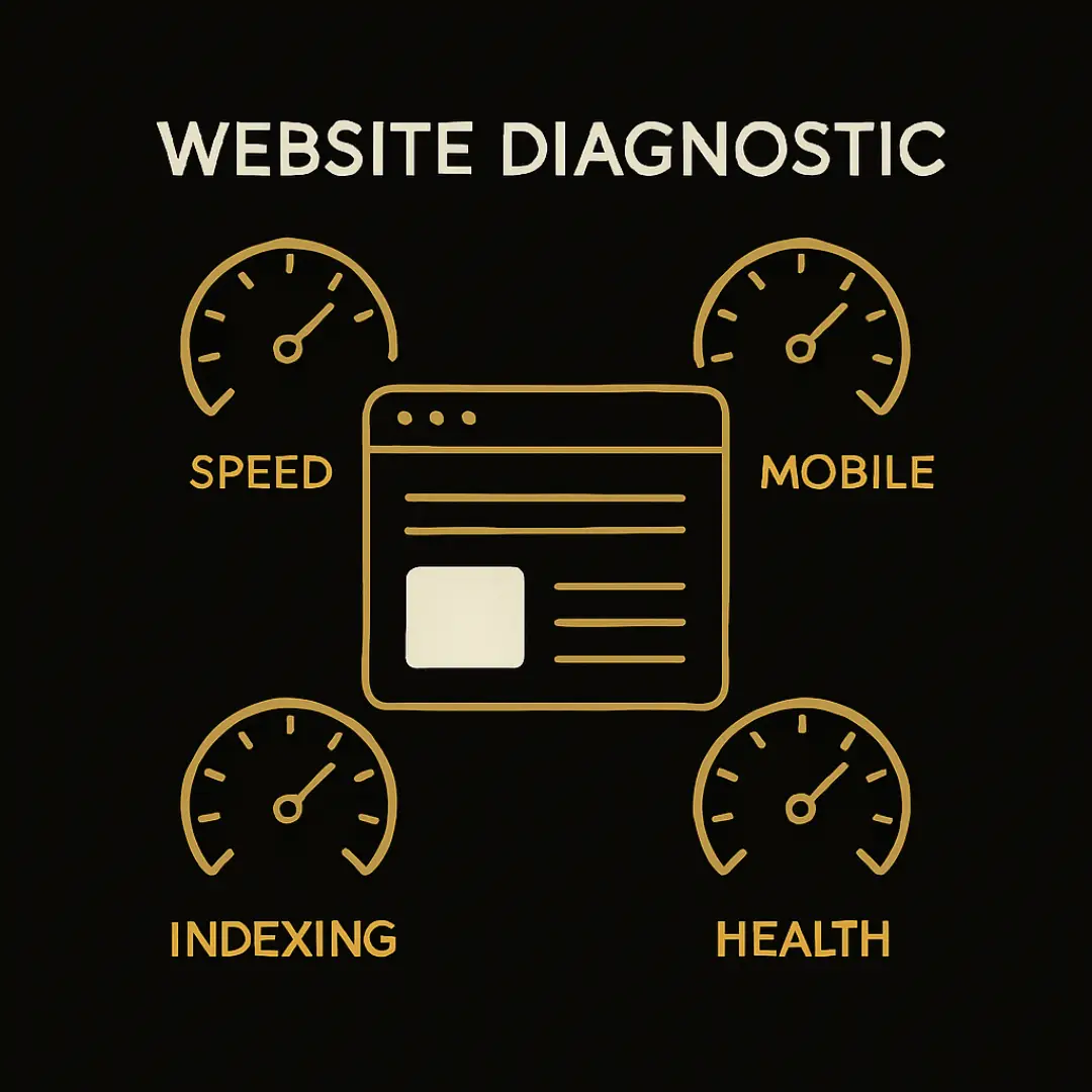 Graphic showing four website performance dials labeled Speed, Mobile, Indexing, and Health.