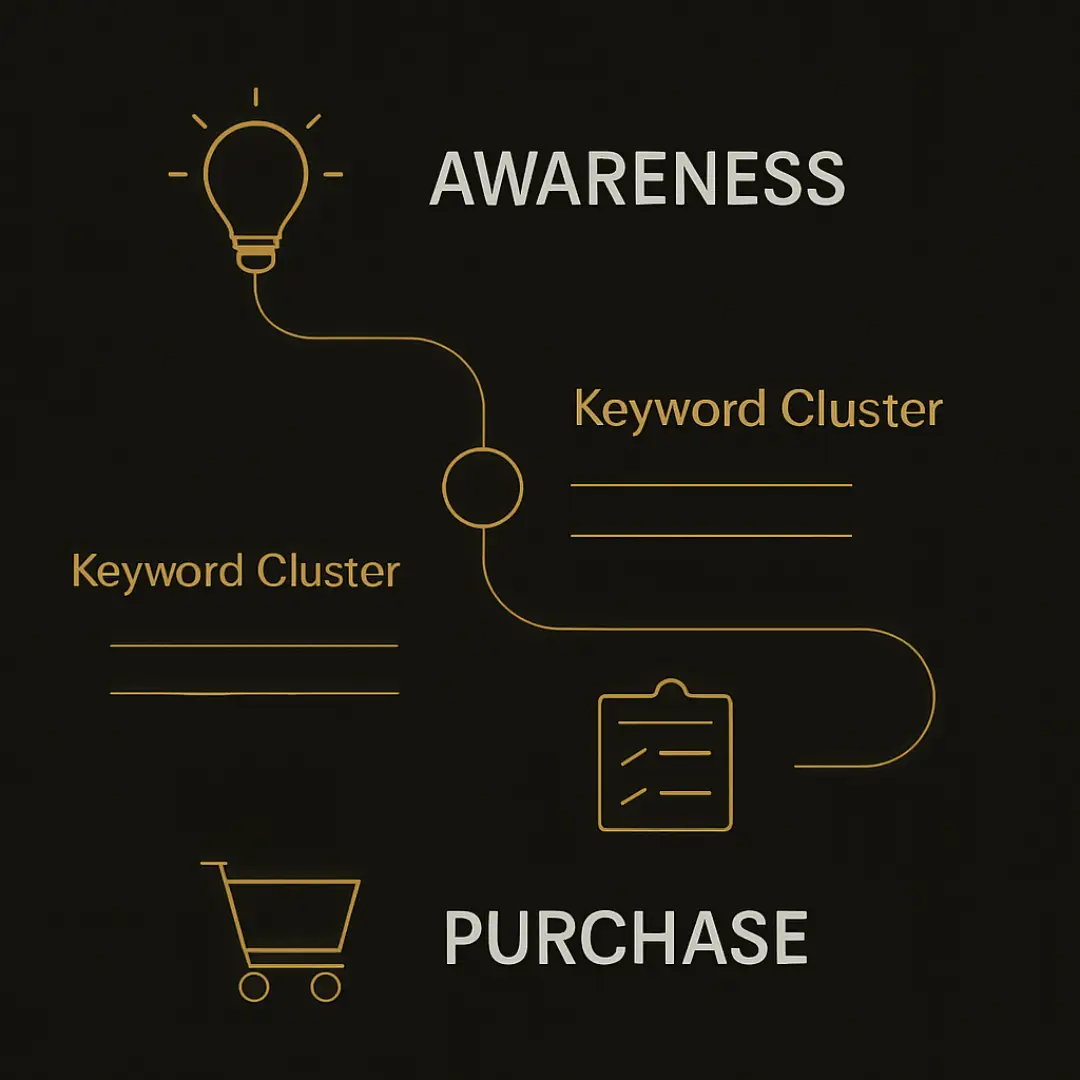 SEO funnel illustration showing the buyer journey from Awareness to Purchase with keyword clusters along the path.