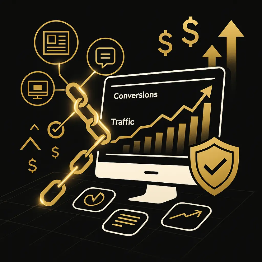 Golden vector of link-building, traffic, and conversions increasing on a monitor with digital icons and trust badges.