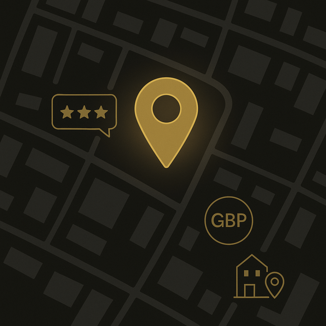 Map interface showing a location pin, review star icon, GBP (Google Business Profile), and local home icon.