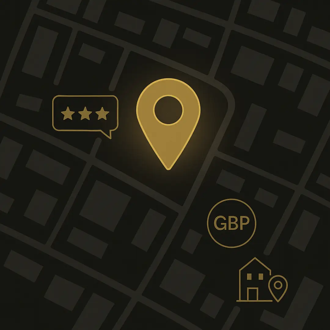 Map interface showing a location pin, review star icon, GBP (Google Business Profile), and local home icon.