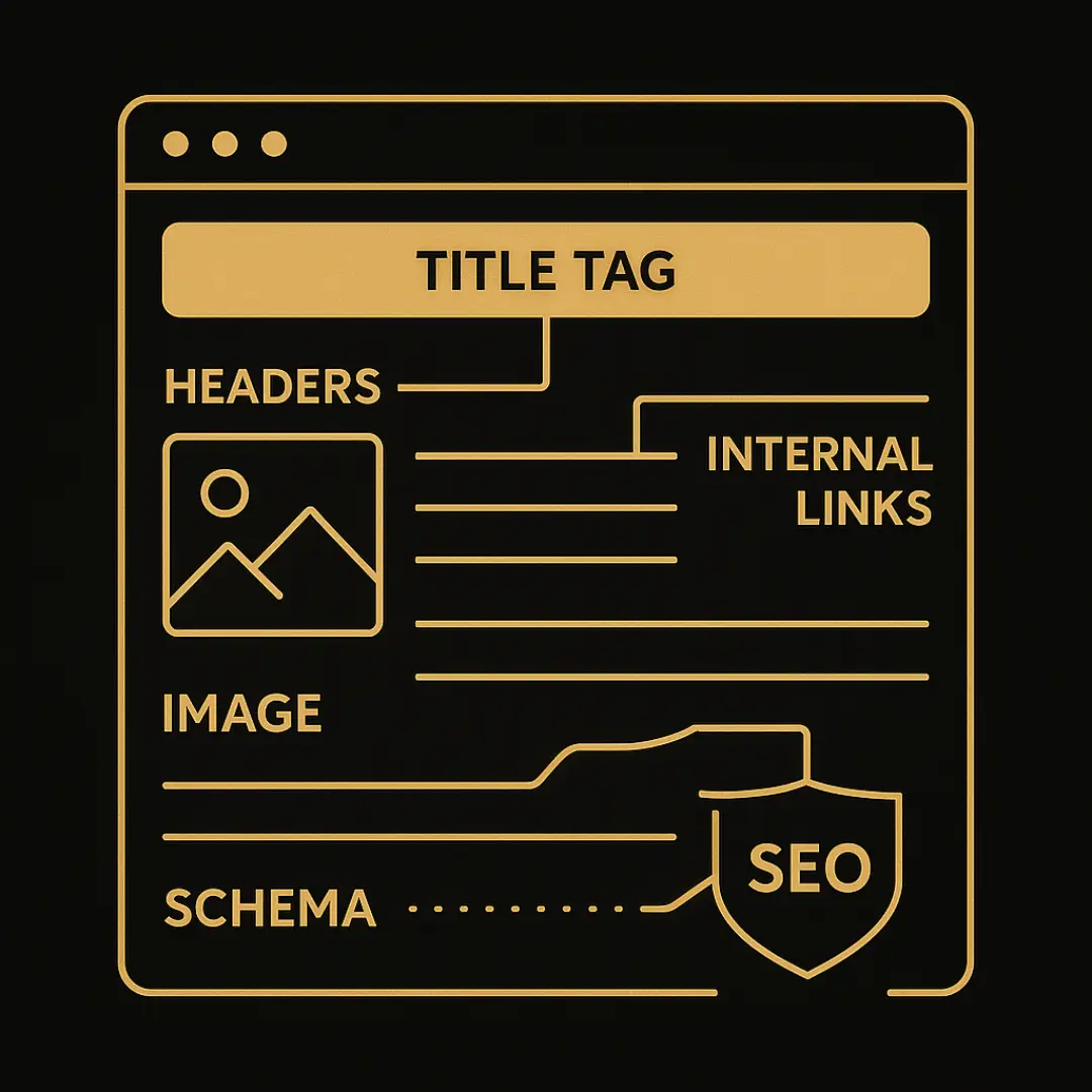 Illustration of a web page layout showing essential on-page SEO elements including title tag, headers, image, schema, and internal links.