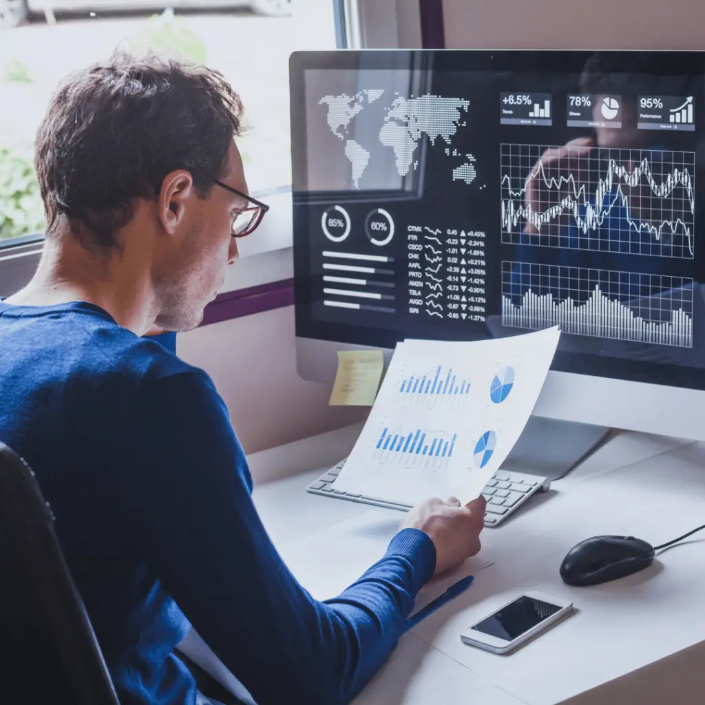 Professional analyzing SEO metrics on a digital dashboard.
