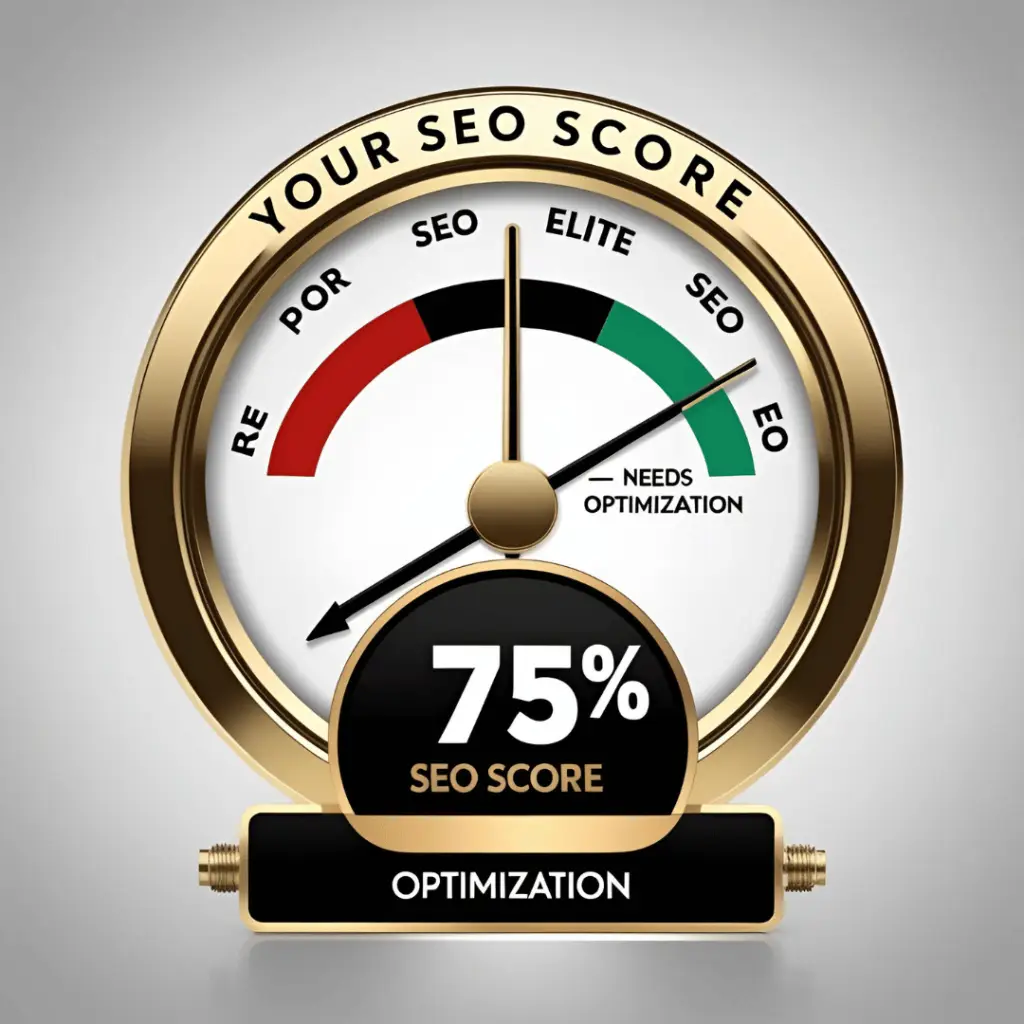 Stylized SEO score gauge showing 75% score in gold, indicating need for optimization, on a luxury dashboard-style dial.