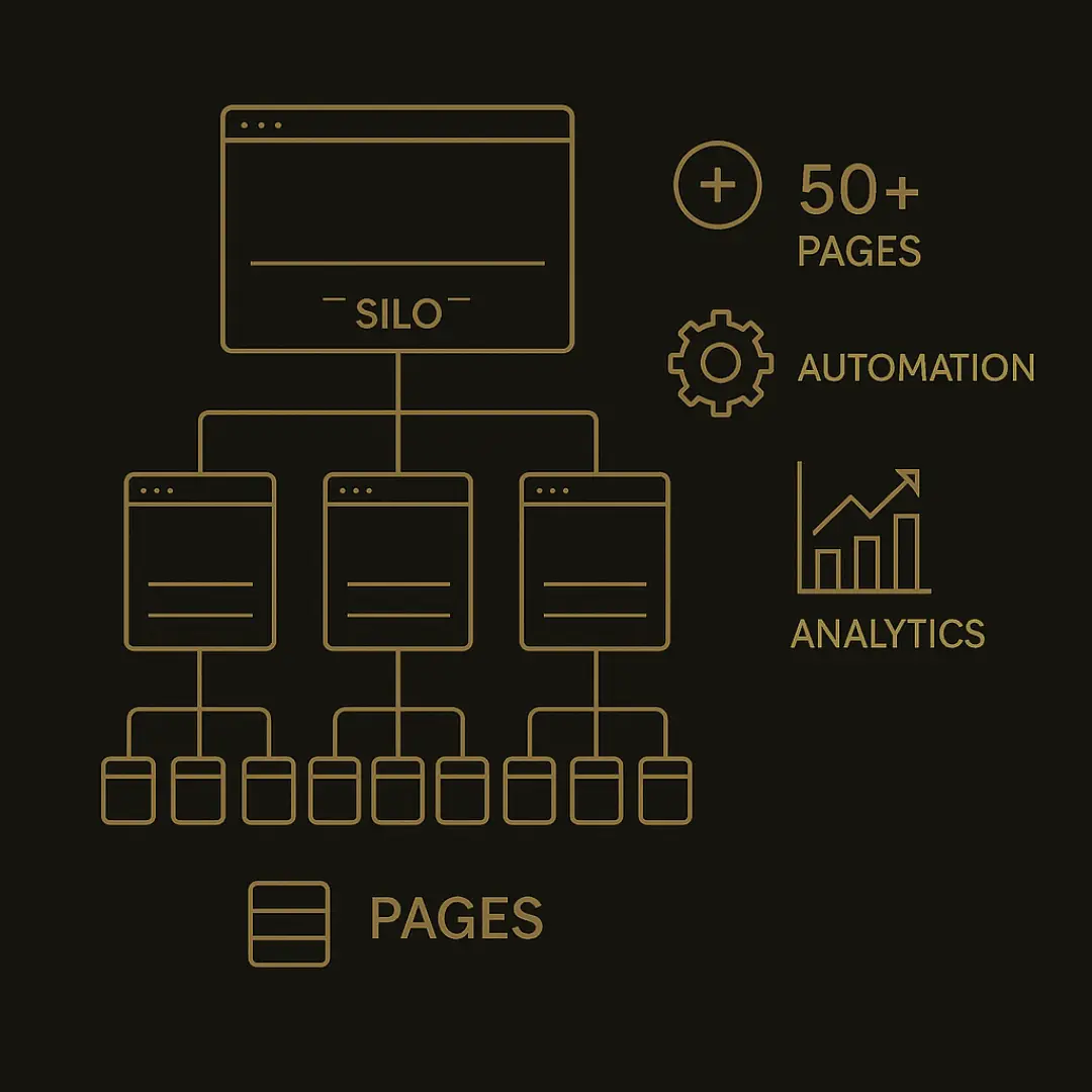 Visual structure of a siloed website layout with 50+ automated pages, analytics, and hierarchy.