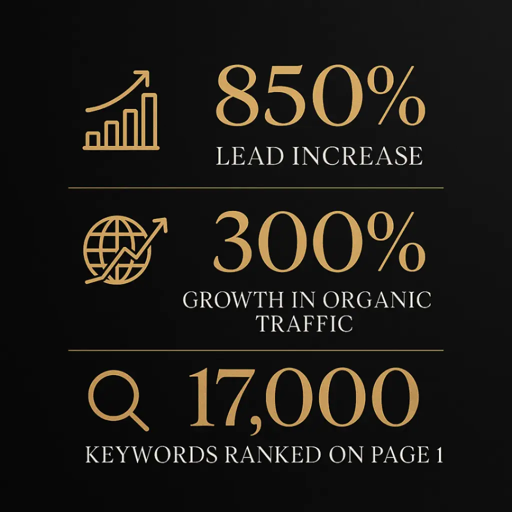 Luxury SEO performance infographic showing 850% lead increase, 300% organic traffic growth, and 17,000 keywords ranked on page one.
