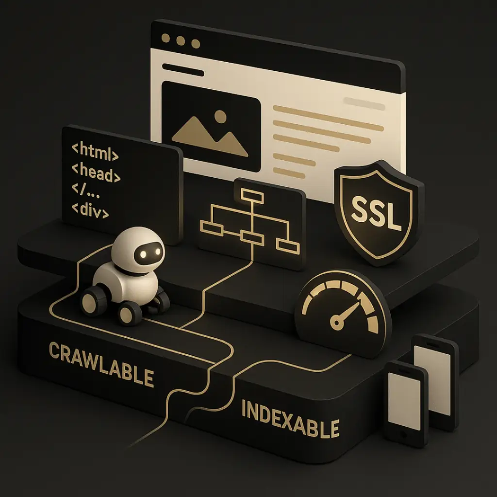 3D illustration of a search engine crawler bot navigating a website’s technical layers including SSL, speed, mobile responsiveness, and crawl/index infrastructure.
