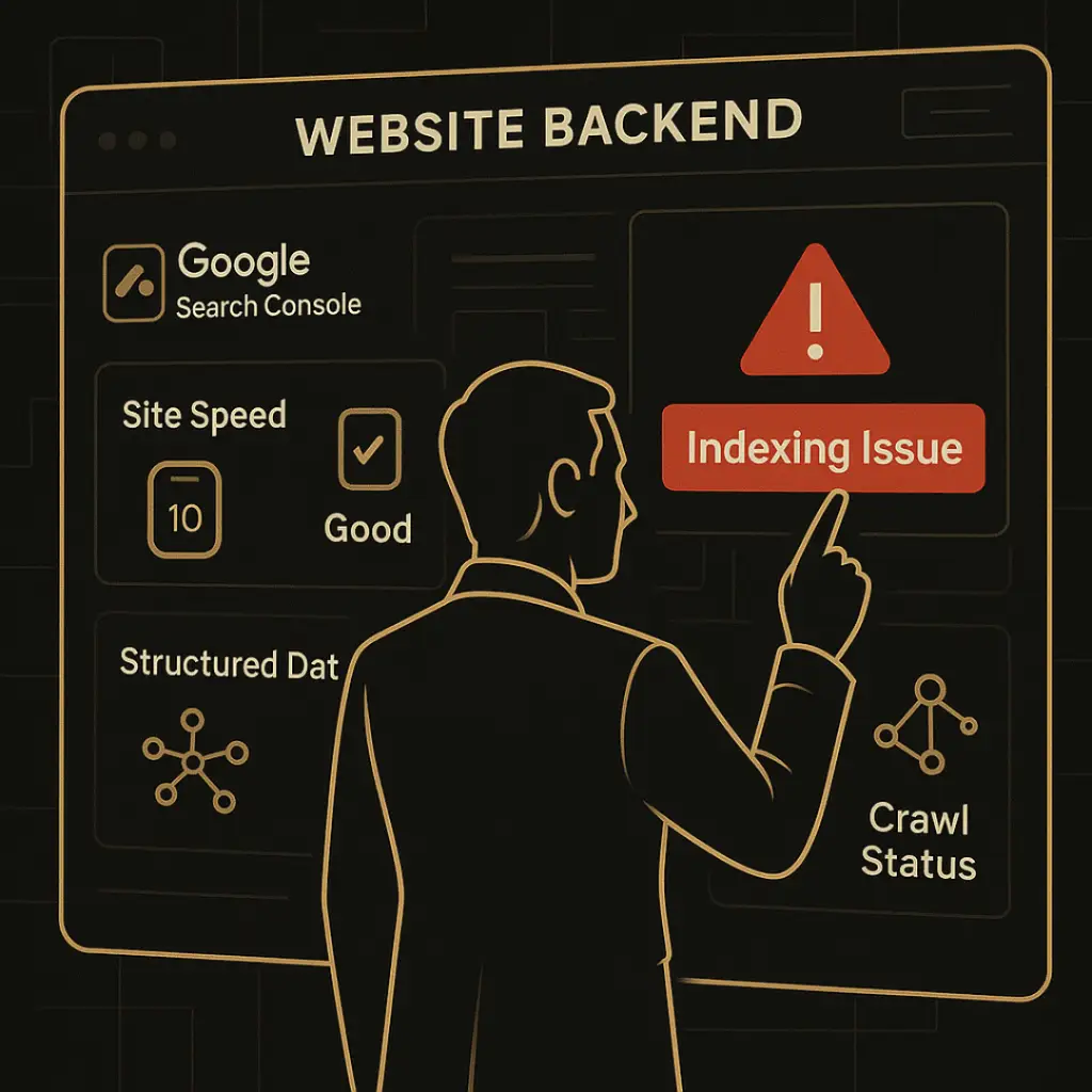 Illustration of a professional analyzing a website backend dashboard showing site speed, crawl status, structured data, and an indexing issue alert.