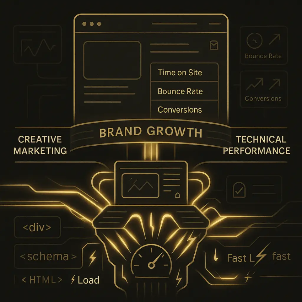 A visual metaphor showing the fusion of creative marketing and technical SEO performance fueling brand growth with elements like load speed, schema markup, and engagement metrics.