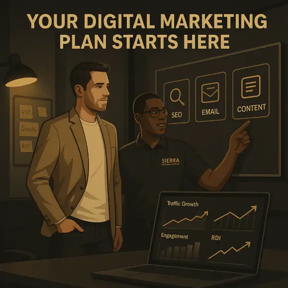 Two marketing professionals discuss digital strategies with a presentation screen showing SEO, email, and content icons, and a laptop displaying traffic and engagement metrics.