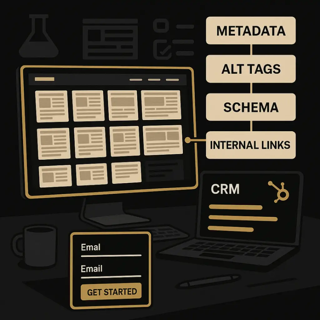 A desktop and laptop display a professional web design with SEO elements like metadata, ALT tags, schema, and internal links, alongside a CRM dashboard interface and lead capture form, all in black, gold, and beige tones.