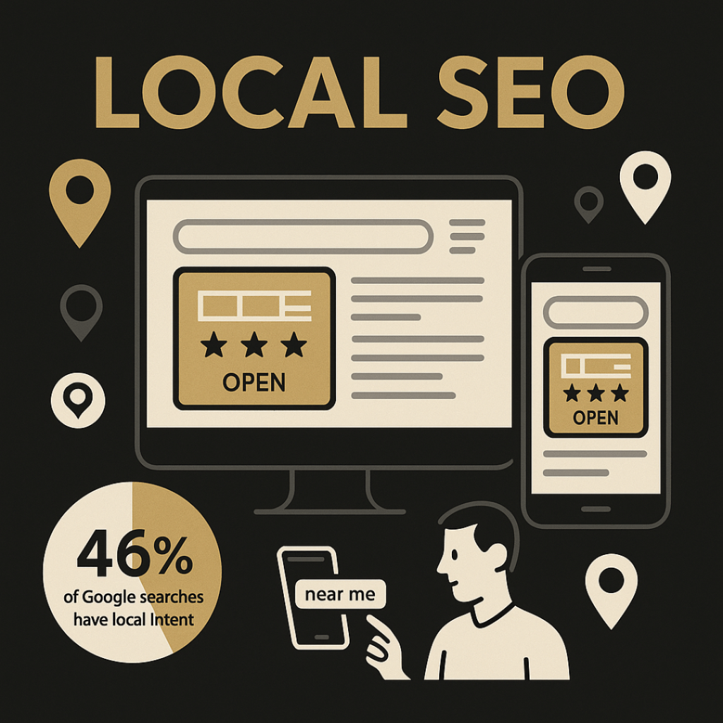 Infographic showing local SEO elements with desktop and mobile screens, location pins, and a user holding a phone with “near me” search.