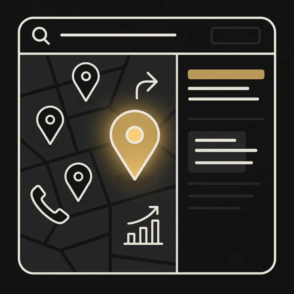 Modern black and white illustration of a local search interface with map pins, call icon, analytics chart, and navigation arrow.