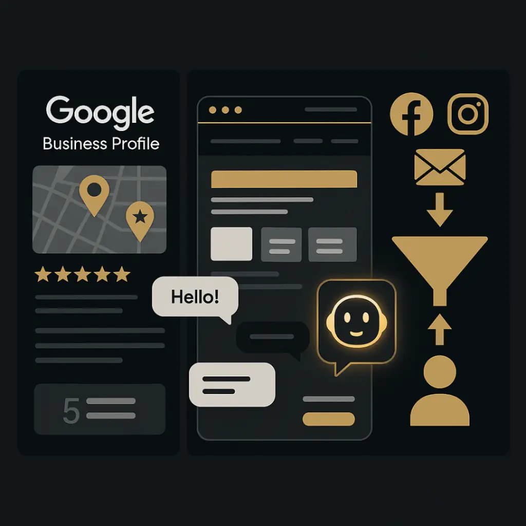 A digital graphic displays three panels against a dark background: a Google Business Profile with gold location pins and 5-star reviews, a website interface featuring a glowing AI chatbot icon and lead capture conversation, and a social media and email funnel flowing into a CRM contact list