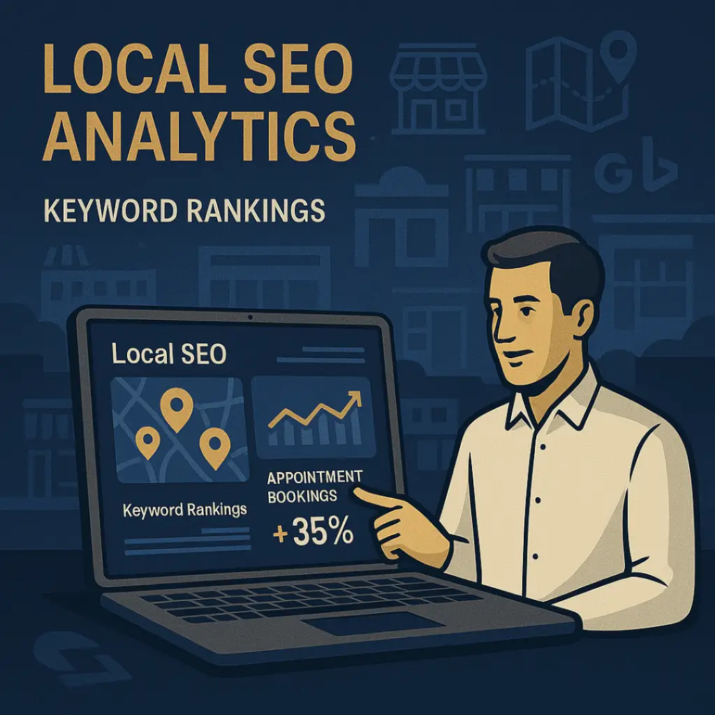 Illustration of an SEO specialist analyzing local SEO analytics on a laptop