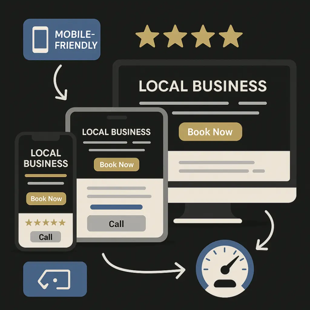 Responsive local business website shown on multiple devices with black background