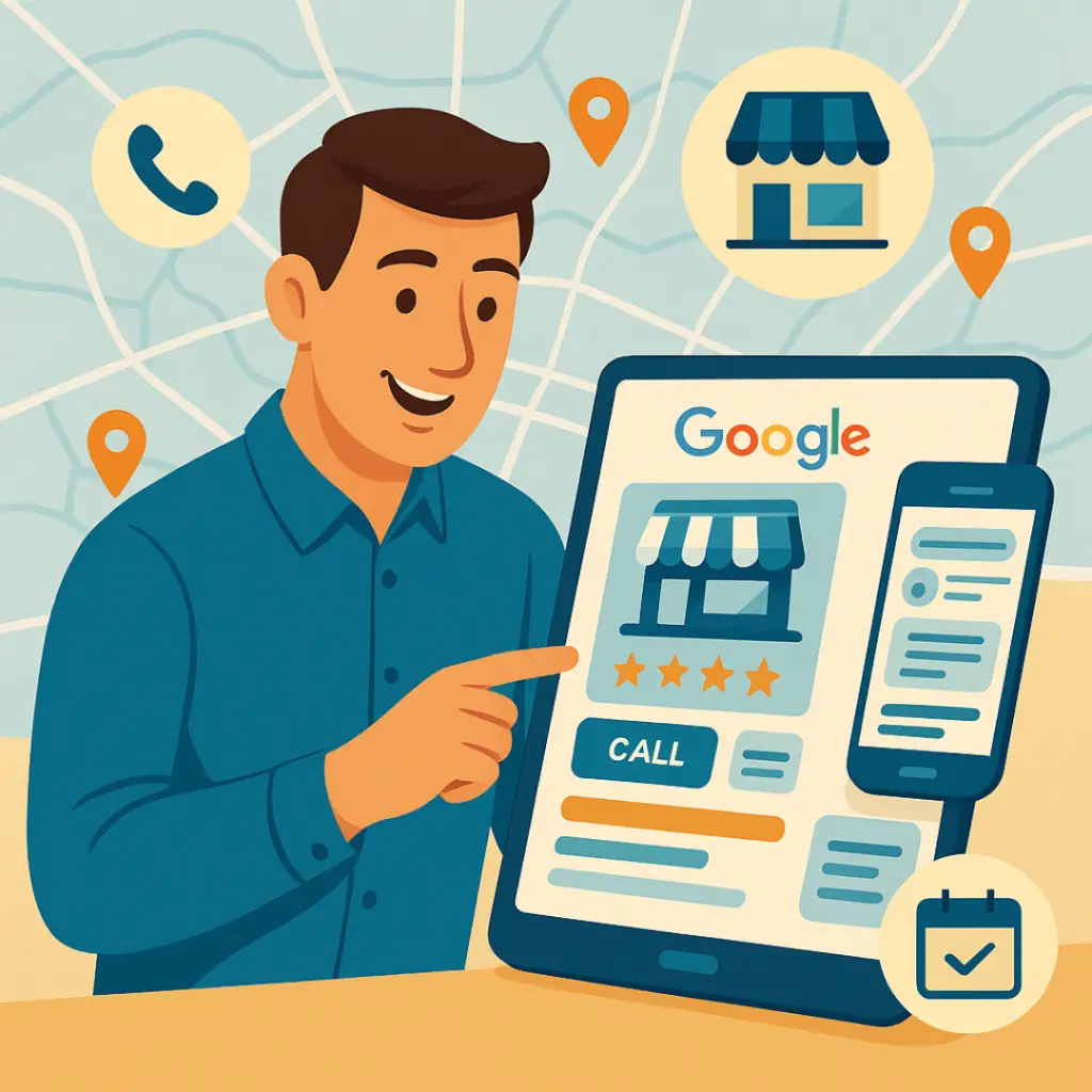 Happy man pointing at a Google Business Profile on a tablet screen