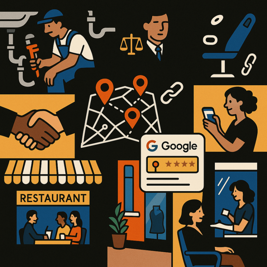 Illustration showing various local business icons like restaurants, plumbing, law, and salons, centered around a digital map with location pins, a Google review card, and handshake symbolizing trust and SEO visibility.