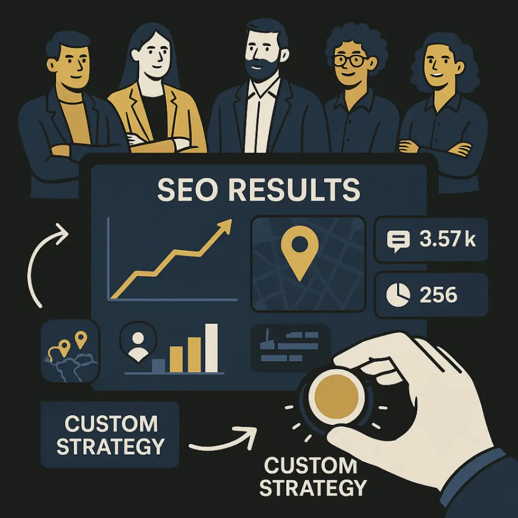 A confident team of SEO professionals standing behind a digital dashboard showing rising SEO metrics, local search data, and a hand adjusting a “Custom Strategy” dial.