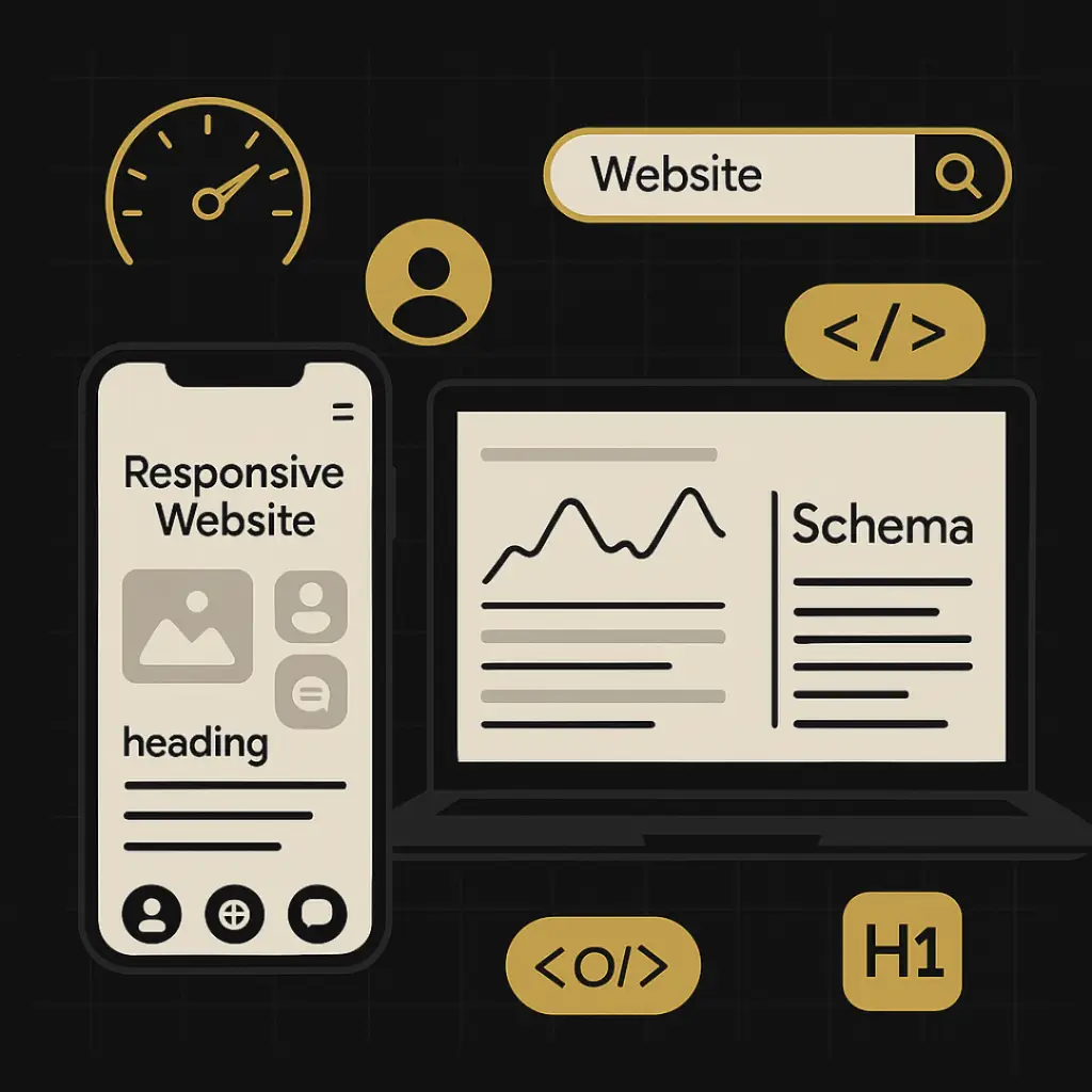 A mobile phone displays a responsive website layout next to a laptop showing schema markup and analytics, with supporting icons like speedometer, search bar, H1 tag, and HTML symbols