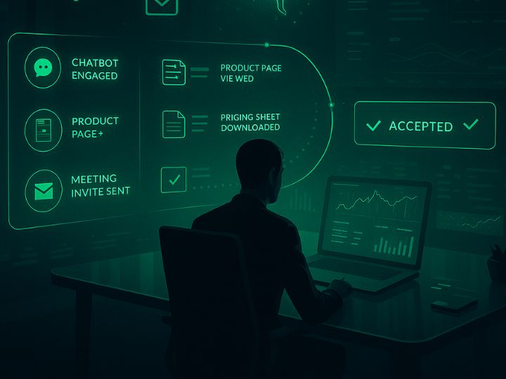 Sales manager in a dark, modern office surrounded by glowing green AI marketing services dashboards and holographic data panels at night.
