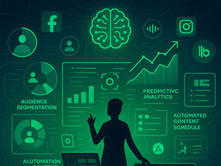 Futuristic AI marketing agencies' hub with holographic AI dashboards and a strategist controlling real-time campaign data in a sleek digital environment.