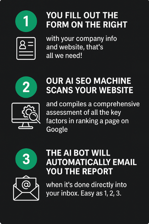 infographic of 3 step AI SEO Audit by Sierra Exclusive industries